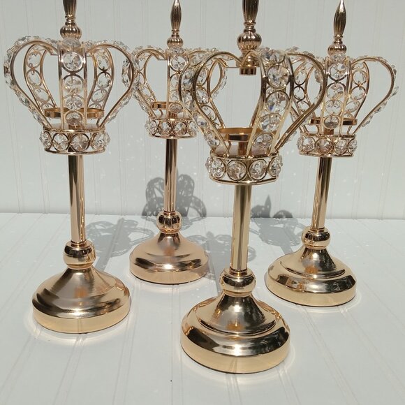 Golden Crown Candlesticks Crystal Candle Holders Tealights SET OF 4 Princess - Picture 4 of 16